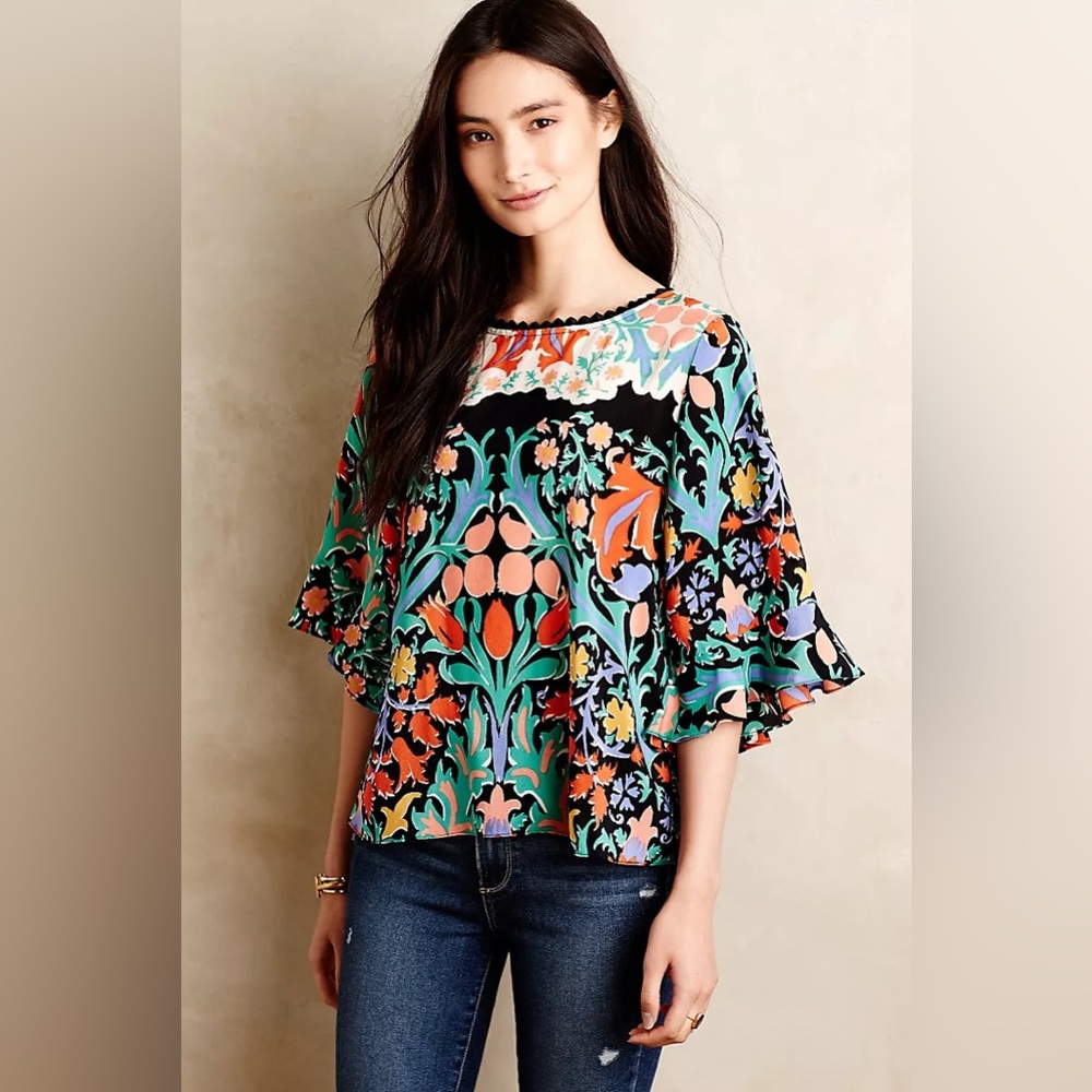 Anthropologie Maeve Silk Folkart Kimono Blouse Size 12
